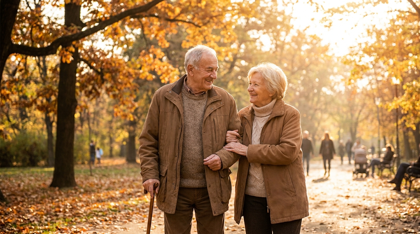 Leben mit Parkinson – Ehepaar beim gemeinsamen Spaziergang im Park