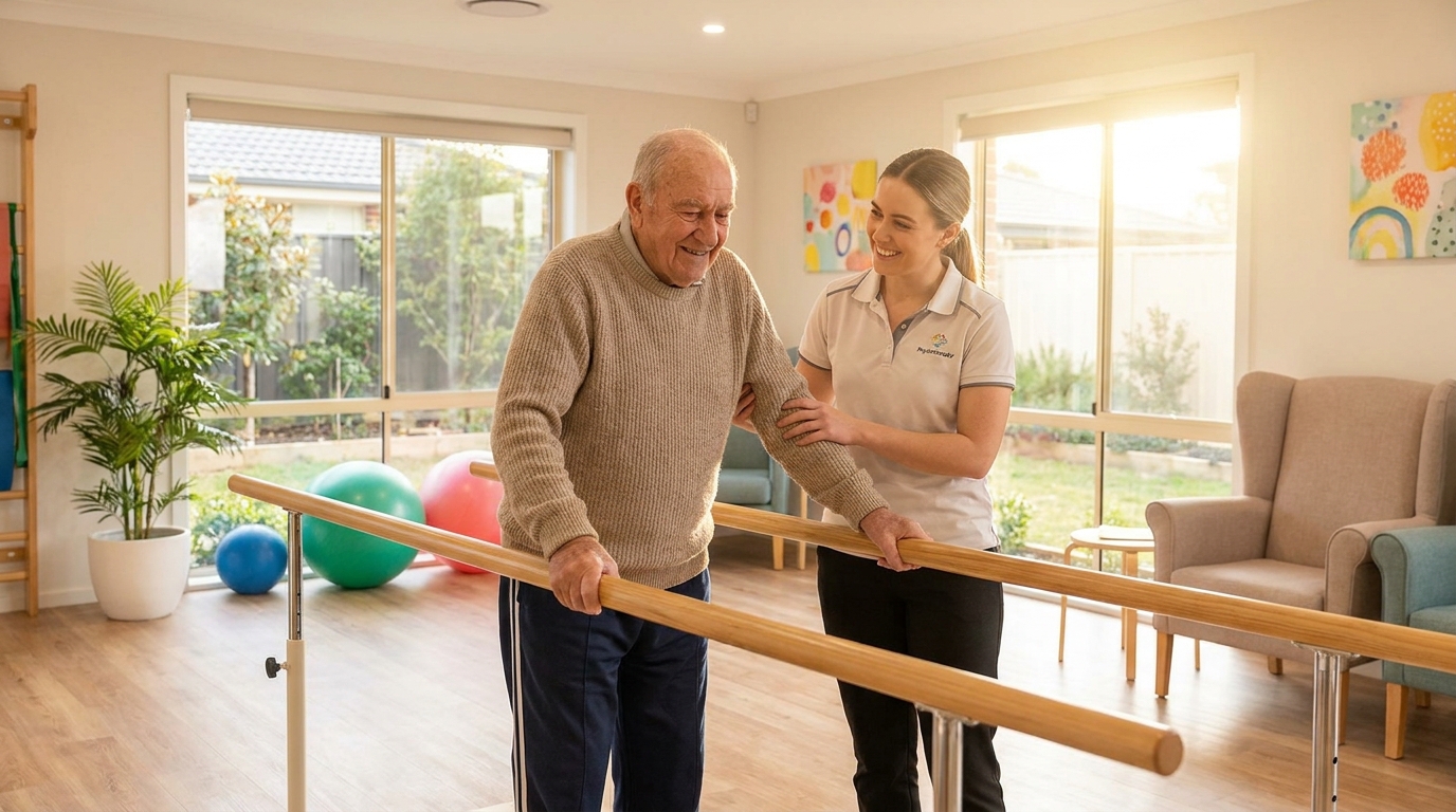 Rehabilitation nach Schlaganfall – Patient trainiert Gleichgewicht mit Physiotherapeutin