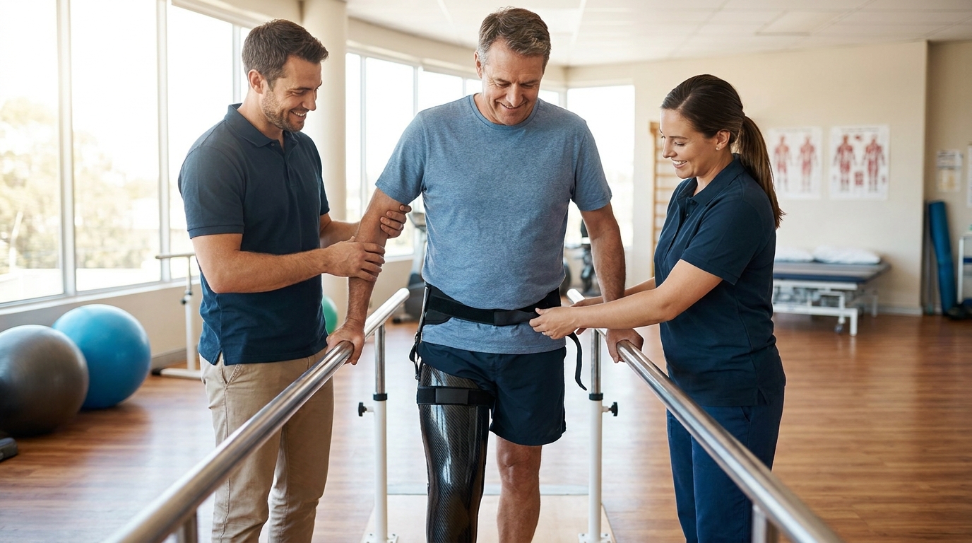 Gangtraining mit Orthese – Physiotherapeut und Orthopädietechniker arbeiten gemeinsam mit Patient